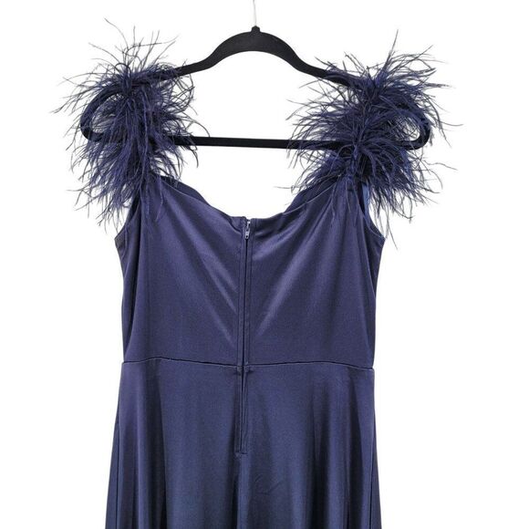 City Vibe Satin Navy Blue Feather-Shoulder Formal Gown Sz 9 Front Slit Prom Gala - Picture 8 of 12